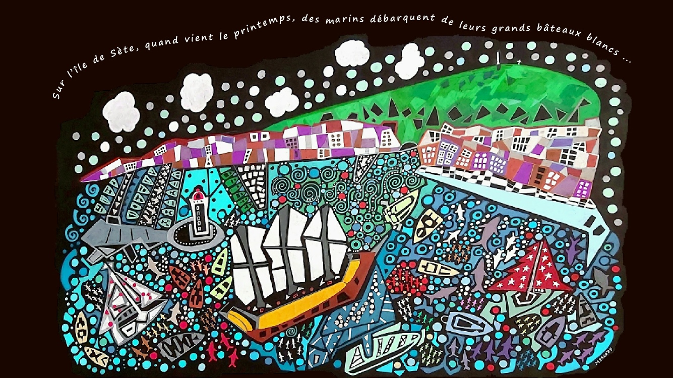 « Three masted ship in Sète harbor » œuvre de Mike Jacobs, hommage au Belem, porteur de la flamme…